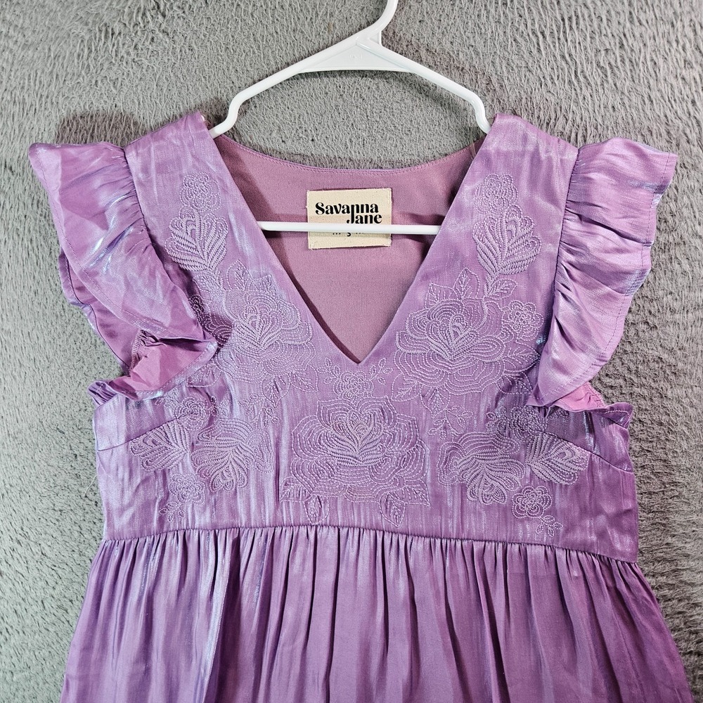 NEW Savanna Jane Dress Small Cap Sleeve Embroidered‎ Lined Shiny Purple - Picture 2 of 8